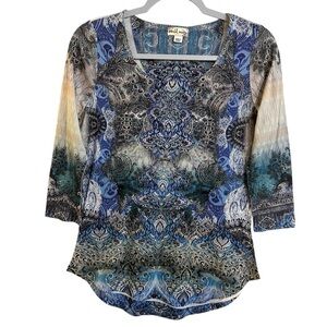 Vintage Y2K World Unity Blue Paisley Rhinestone Mesh Top Size S